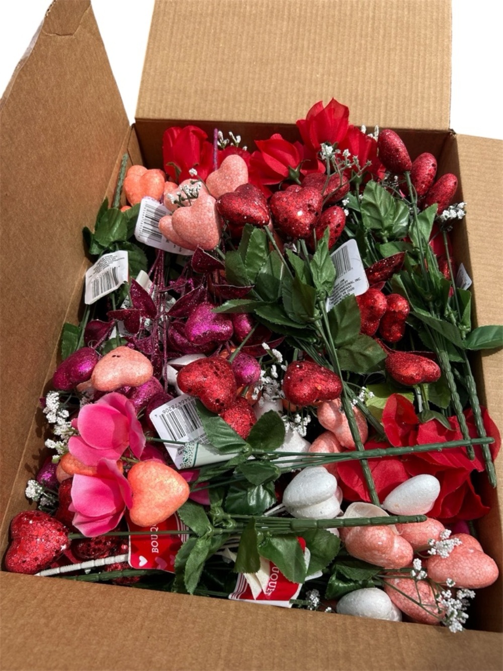 Box of Decorative Floral Picks & Glitter Hearts • Craft Supply Lot • New